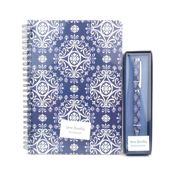 Vera Bradley Steel Blue Medallion Mini Spiral Notebook & Ball Point Pen Set NWT